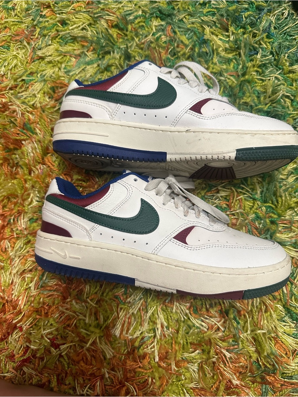 Nike White Leather Sneakers with Green Swoosh and Burgundy, Navy Accents